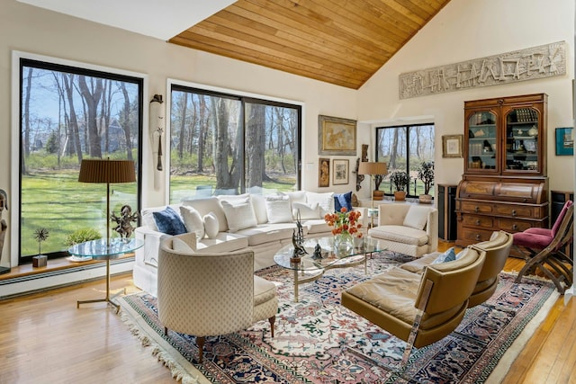 20 Schoolhouse Rd, Waccabuc, NY 10597 - living room with hardwood / wood-style floors, baseboard heating, high vaulted ceiling, and wood ceiling
