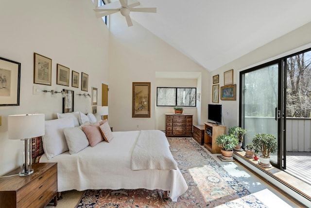 20 Schoolhouse Rd, Waccabuc, NY 10597 - bedroom with high vaulted ceiling, a ceiling fan, multiple windows, and baseboard heating