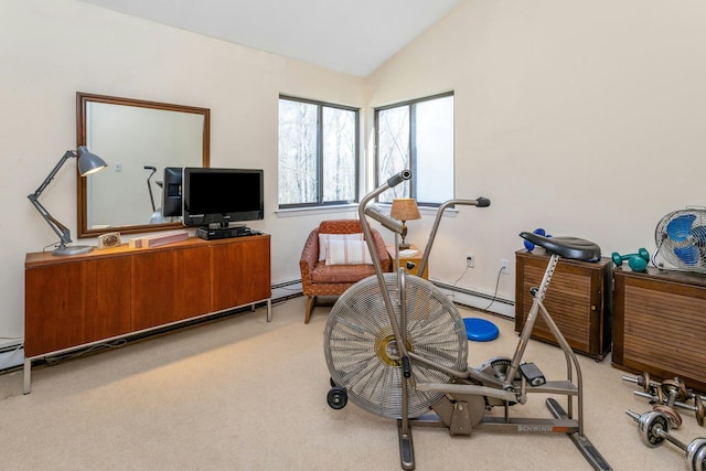 20 Schoolhouse Rd, Waccabuc, NY 10597 - exercise area featuring lofted ceiling, baseboard heating, and light carpet