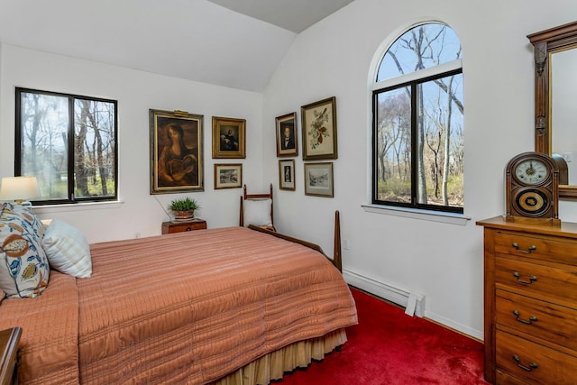 20 Schoolhouse Rd, Waccabuc, NY 10597 - bedroom featuring baseboard heating, vaulted ceiling, carpet floors, and baseboards