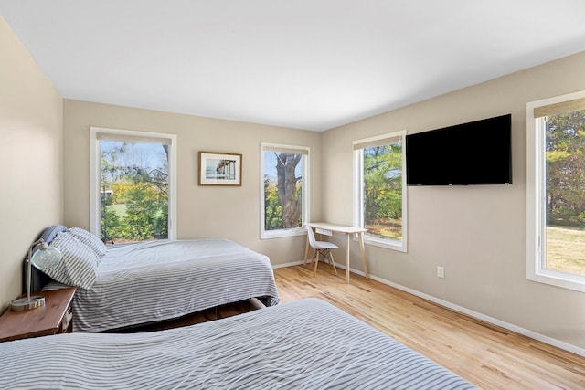 bedroom featuring light wood-style flooring and baseboards