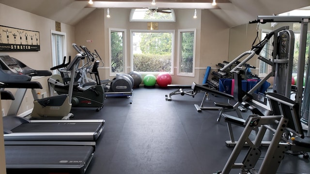 gym with vaulted ceiling and ceiling fan