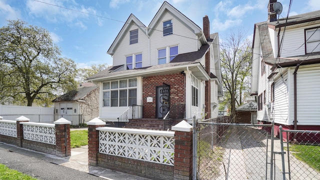 9920 196th St, Hollis, NY 11423 - view of front facade with roof with shingles, a fenced front yard, a gate, a chimney, and brick siding