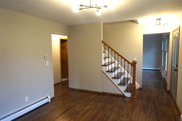 interior space featuring a chandelier, wood finished floors, a baseboard heating unit, baseboards, and a baseboard radiator