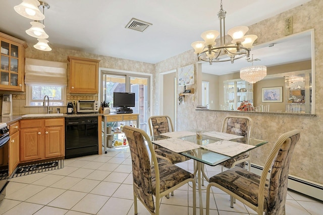 dining space featuring a notable chandelier, visible vents, light tile patterned floors, and a toaster