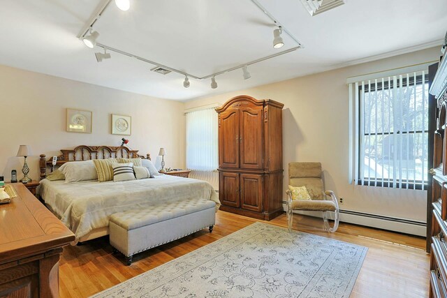 bedroom featuring rail lighting, multiple windows, and light wood-style flooring