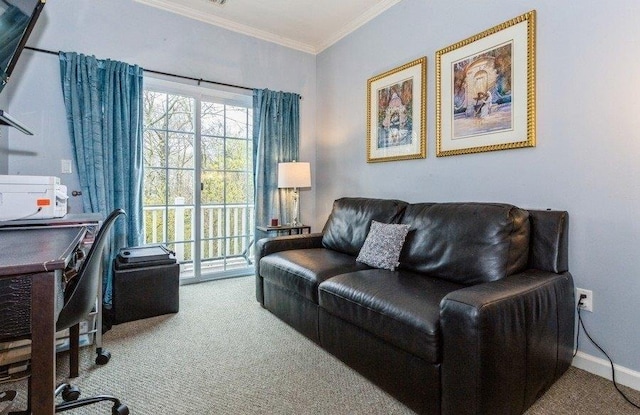 interior space with carpet floors, crown molding, and baseboards