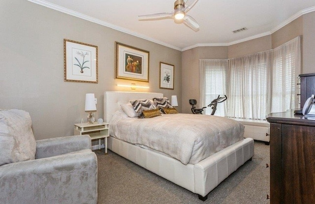 carpeted bedroom with visible vents, a ceiling fan, and ornamental molding