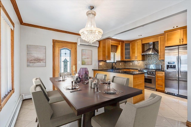 21-09 48th St, Astoria, NY 11105 - dining space with ornamental molding, light tile patterned flooring, a wall mounted air conditioner, a baseboard radiator, and a notable chandelier