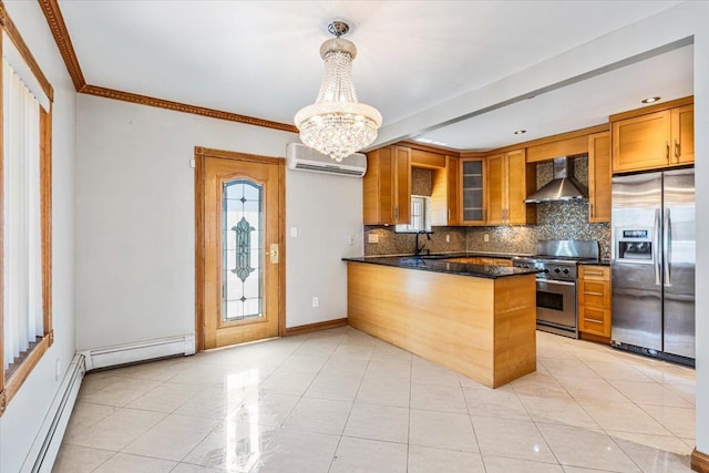21-09 48th St, Astoria, NY 11105 - kitchen with wall chimney range hood, brown cabinets, an AC wall unit, a peninsula, and stainless steel appliances