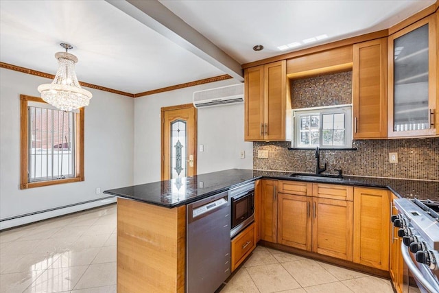 21-09 48th St, Astoria, NY 11105 - kitchen featuring light tile patterned flooring, appliances with stainless steel finishes, a sink, a peninsula, and a wall mounted AC
