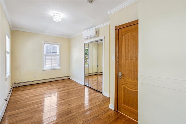 21-09 48th St, Astoria, NY 11105 - unfurnished bedroom with light wood-type flooring, a baseboard radiator, a wall mounted AC, and ornamental molding
