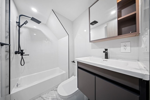 full bathroom with marble finish floor, toilet, vanity, and tub / shower combination