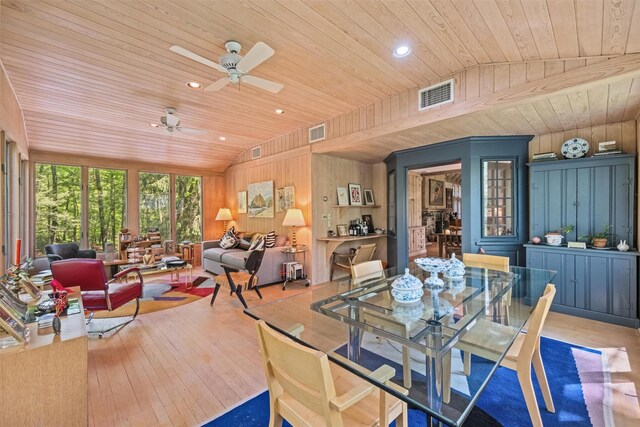 1391 Hunterbrook Rd, Yorktown Heights, NY 10598 - dining space featuring wooden ceiling, vaulted ceiling, wooden walls, hardwood / wood-style flooring, and ceiling fan