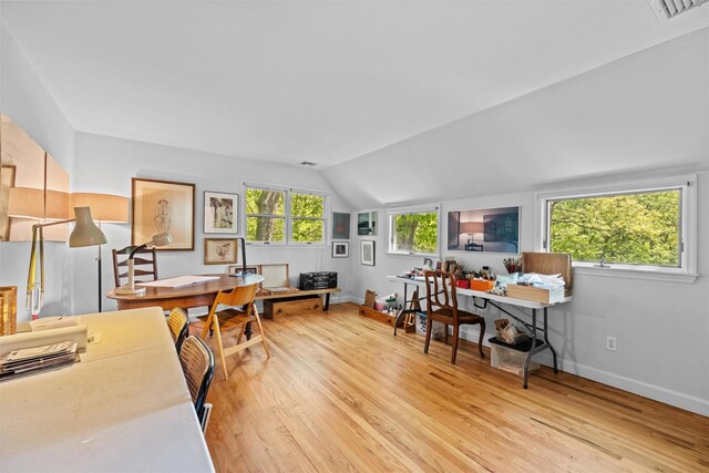 1391 Hunterbrook Rd, Yorktown Heights, NY 10598 - home office featuring light wood-style floors, lofted ceiling, and baseboards