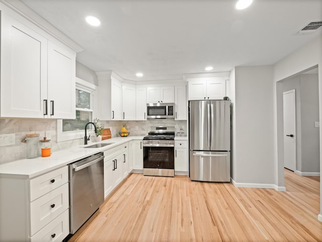 31 Pennsylvania Ave, Valley Cottage, NY 10989 - kitchen featuring stainless steel appliances, a sink, decorative backsplash, light wood-style flooring, and white cabinets