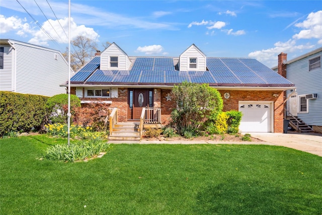 cape cod-style house featuring roof mounted solar panels, a front lawn, concrete driveway, an attached garage, and brick siding