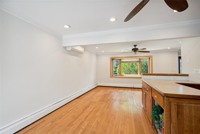 unfurnished living room featuring a baseboard radiator, a ceiling fan, light wood finished floors, ornamental molding, and a wall unit AC