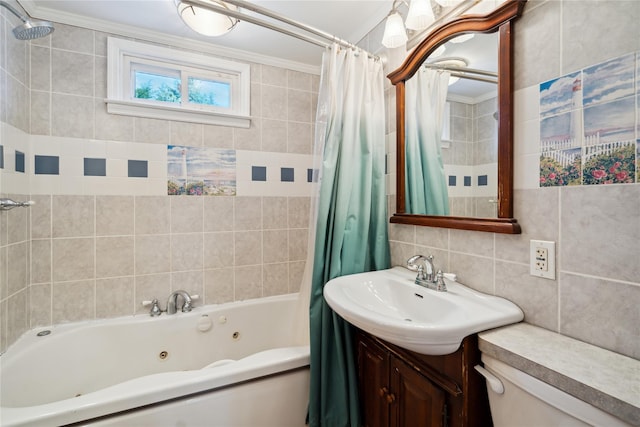bathroom with tile walls, a combined bath / shower with jetted tub, vanity, and toilet