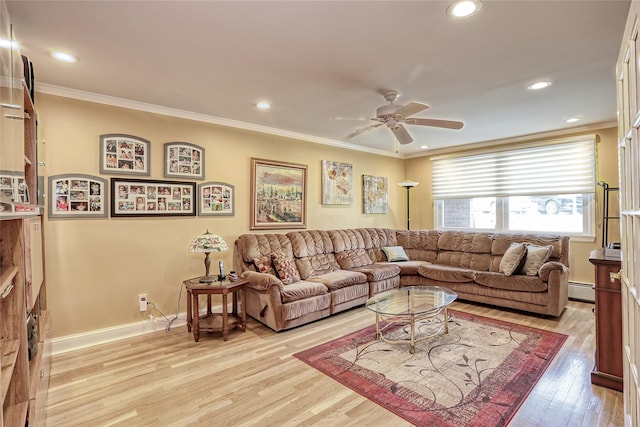 176 Kearsing Pkwy, Monsey, NY 10952 - living area featuring crown molding, ceiling fan, light wood-type flooring, a baseboard heating unit, and recessed lighting