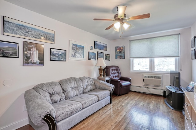 176 Kearsing Pkwy, Monsey, NY 10952 - living room featuring a baseboard heating unit, hardwood / wood-style floors, and a ceiling fan