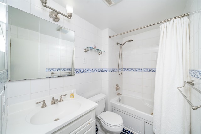 116 Oakland Ave, Tuckahoe, NY 10707 - full bathroom with toilet, tile walls, shower / bath combination with curtain, vanity, and tasteful backsplash