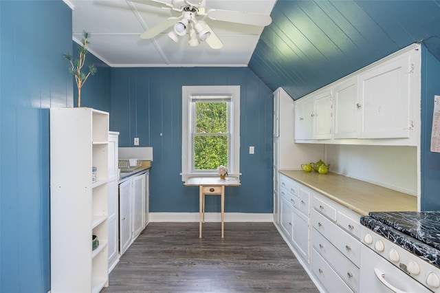 116 Oakland Ave, Tuckahoe, NY 10707 - kitchen featuring white cabinets, a ceiling fan, lofted ceiling, dark wood-style floors, and light countertops