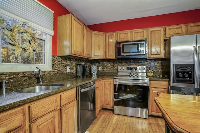 kitchen with dark stone countertops, a sink, light wood-type flooring, backsplash, and appliances with stainless steel finishes