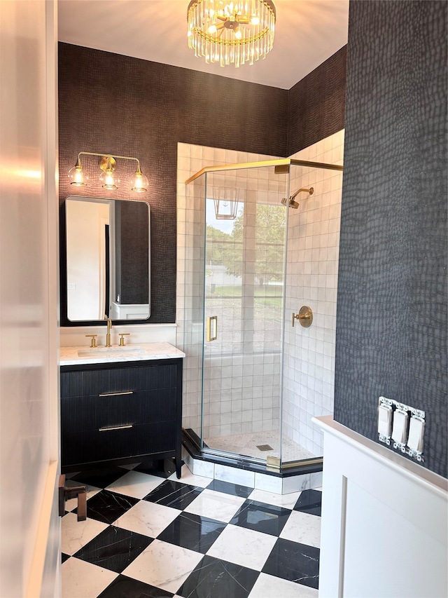 9 Ogrady Ct, Orangeburg, NY 10962 - bathroom with vanity, a stall shower, and a chandelier