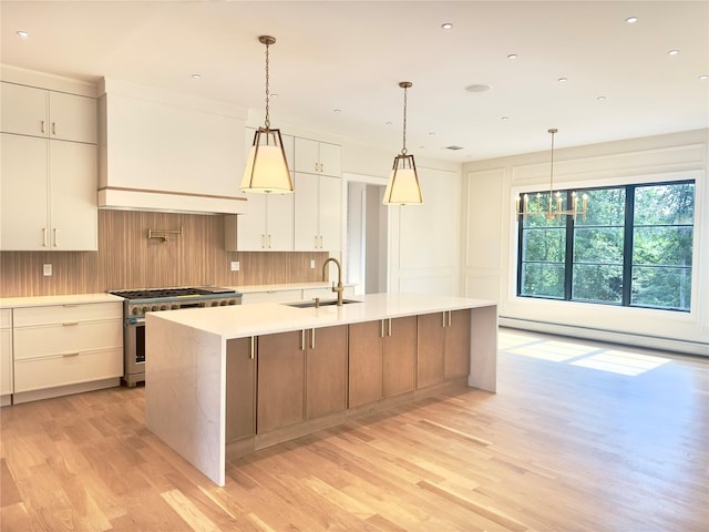 9 Ogrady Ct, Orangeburg, NY 10962 - kitchen featuring high end stainless steel range, a sink, baseboard heating, light wood-style flooring, and light countertops