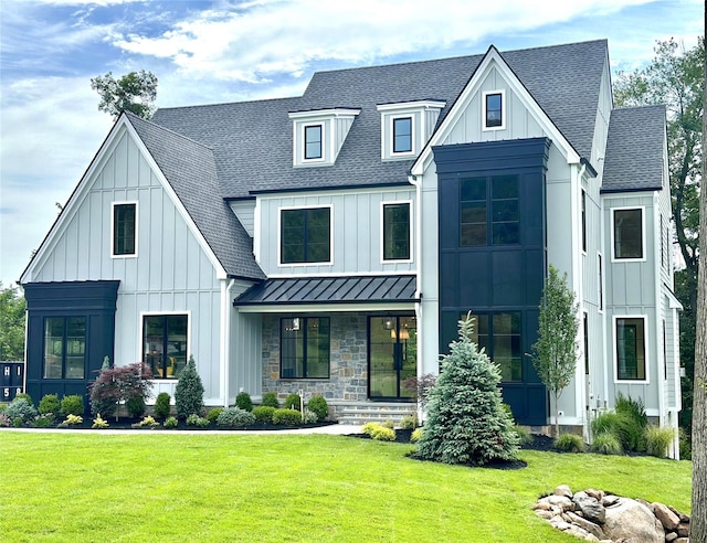 9 Ogrady Ct, Orangeburg, NY 10962 - modern farmhouse style home featuring a standing seam roof, a shingled roof, and a front lawn