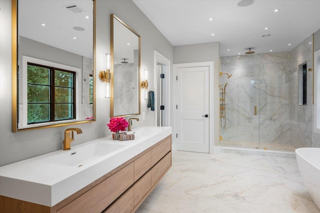 9 Ogrady Ct, Orangeburg, NY 10962 - full bath featuring marble tiled flooring, a marble finish shower, recessed lighting, double vanity, and a soaking tub