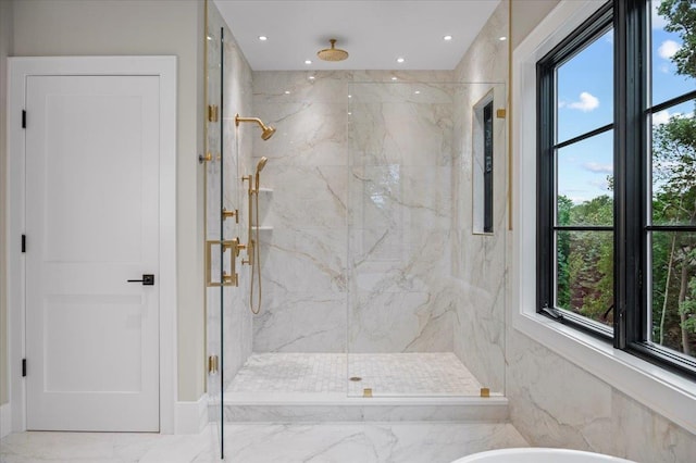 9 Ogrady Ct, Orangeburg, NY 10962 - bathroom featuring a marble finish shower, plenty of natural light, marble finish floors, a freestanding tub, and recessed lighting