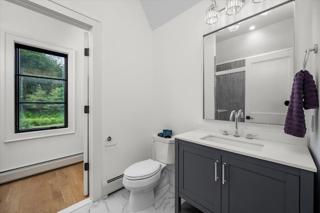 9 Ogrady Ct, Orangeburg, NY 10962 - full bathroom with a baseboard radiator, vanity, marble look tile flooring, vaulted ceiling, and a shower