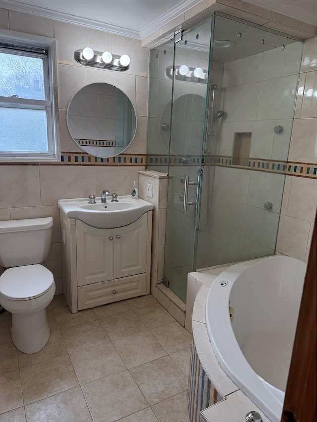 93-30 246th St, Bellerose Terrace, NY 11001 - full bath with a shower stall, a whirlpool tub, vanity, tile walls, and crown molding