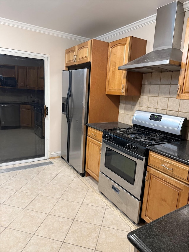 93-30 246th St, Bellerose Terrace, NY 11001 - kitchen featuring wall chimney range hood, crown molding, light tile patterned floors, backsplash, and appliances with stainless steel finishes