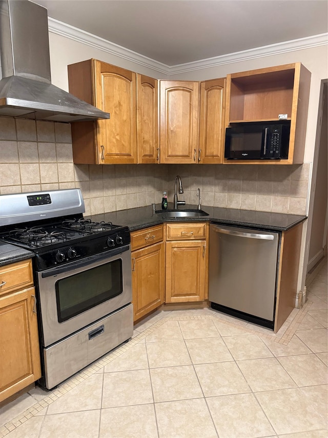 93-30 246th St, Bellerose Terrace, NY 11001 - kitchen with wall chimney exhaust hood, a sink, dark countertops, crown molding, and appliances with stainless steel finishes