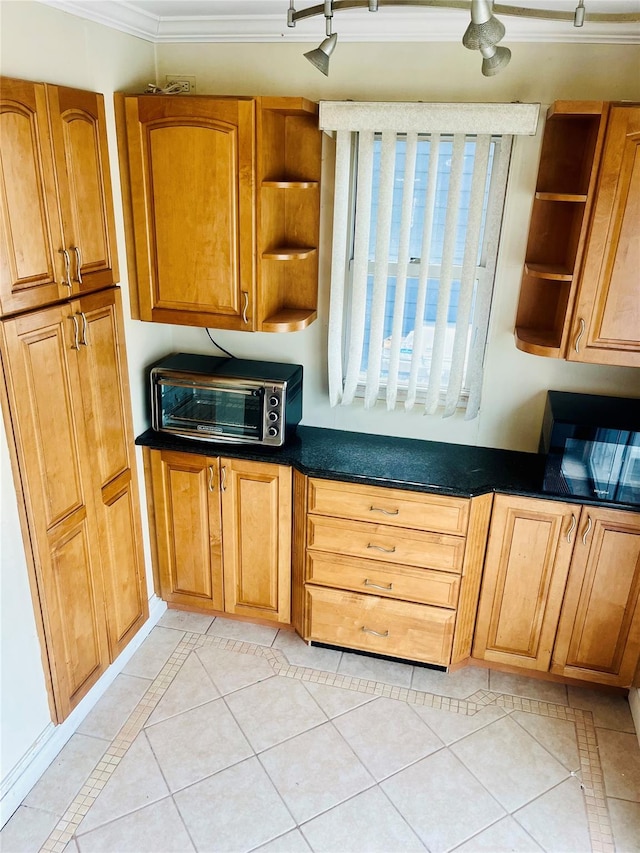 93-30 246th St, Bellerose Terrace, NY 11001 - kitchen featuring a toaster, light tile patterned floors, dark countertops, open shelves, and ornamental molding