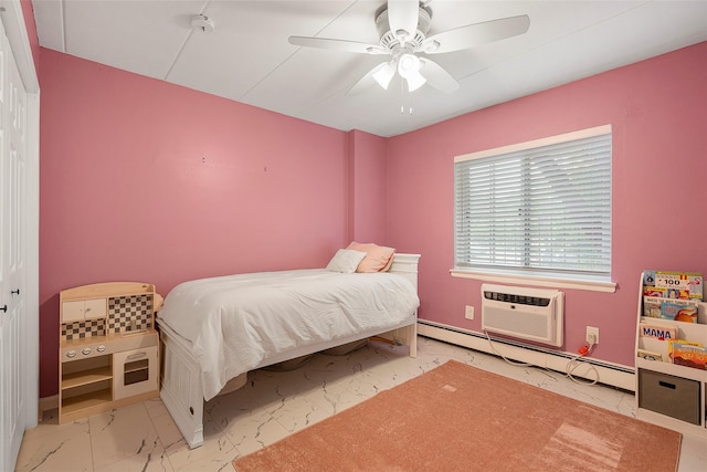 372 Central Park Ave Unit 1C, Scarsdale, NY 10583 - bedroom with a baseboard heating unit, marble finish flooring, a wall unit AC, and a ceiling fan
