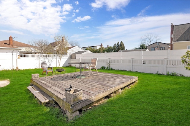 view of yard featuring a fire pit, a deck, and a fenced backyard