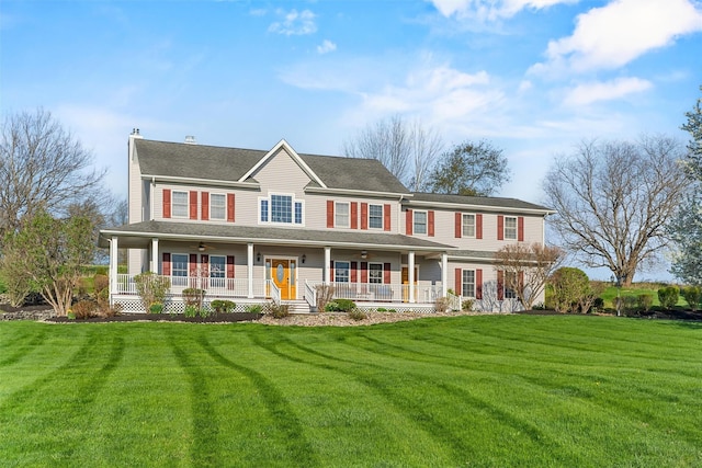 6 Fountayne Ct, Washingtonville, NY 10992 - colonial home with covered porch, a ceiling fan, and a front lawn