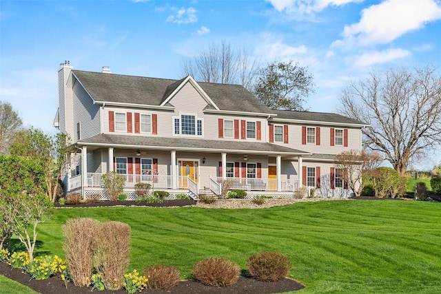6 Fountayne Ct, Washingtonville, NY 10992 - colonial-style house with a front yard, a ceiling fan, covered porch, and a chimney