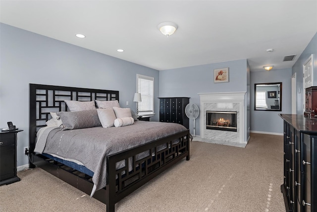 6 Fountayne Ct, Washingtonville, NY 10992 - bedroom featuring recessed lighting, visible vents, light carpet, baseboards, and a high end fireplace