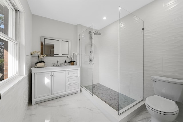 200 Fort Hill Rd, Scarsdale, NY 10583 - full bath with marble look tile flooring, vanity, a stall shower, toilet, and recessed lighting