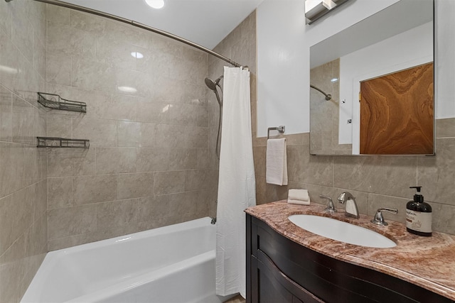 200 Fort Hill Rd, Scarsdale, NY 10583 - bathroom featuring shower / bath combo, vanity, tile walls, and backsplash