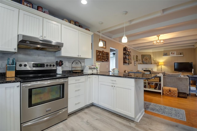 25 Evergreen Rd, Putnam Valley, NY 10579 - kitchen featuring stainless steel electric stove, light wood-type flooring, open floor plan, beamed ceiling, and under cabinet range hood
