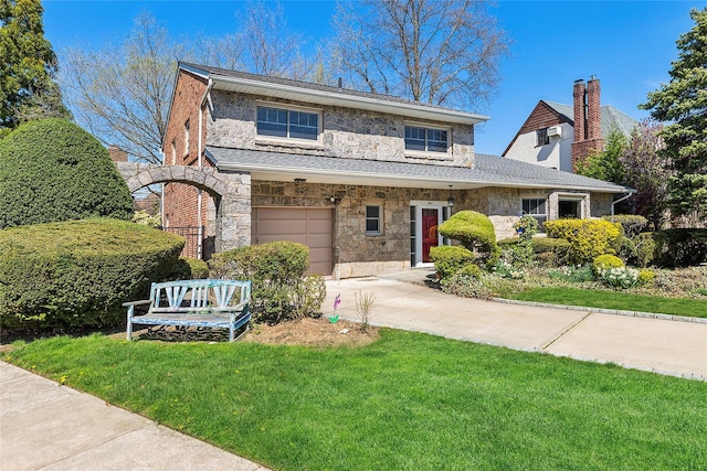 view of front of home with driveway, stone siding, a chimney, a garage, and a front yard
