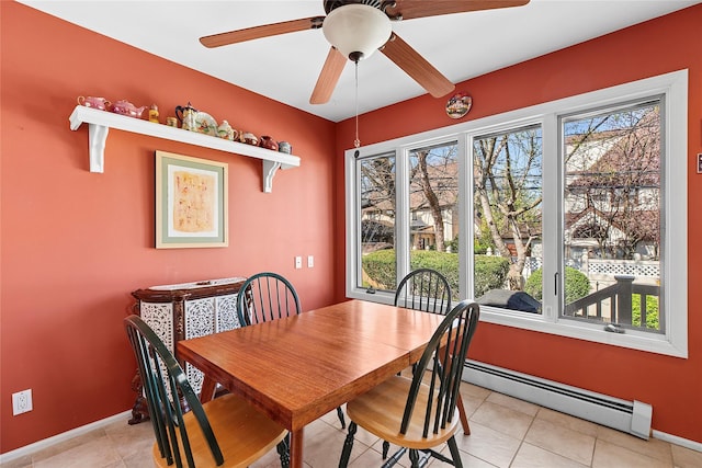 dining area with light tile patterned floors, baseboard heating, baseboards, and ceiling fan