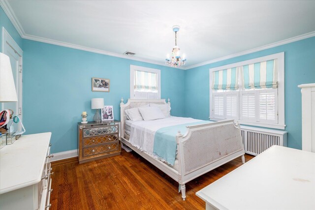 169 Hempstead Ave, Rockville Centre, NY 11570 - bedroom with radiator, a chandelier, visible vents, and dark wood-style floors