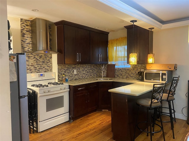 1255 E 223rd St, Bronx, NY 10466 - kitchen featuring a peninsula, light wood-style flooring, a sink, wall chimney range hood, and appliances with stainless steel finishes